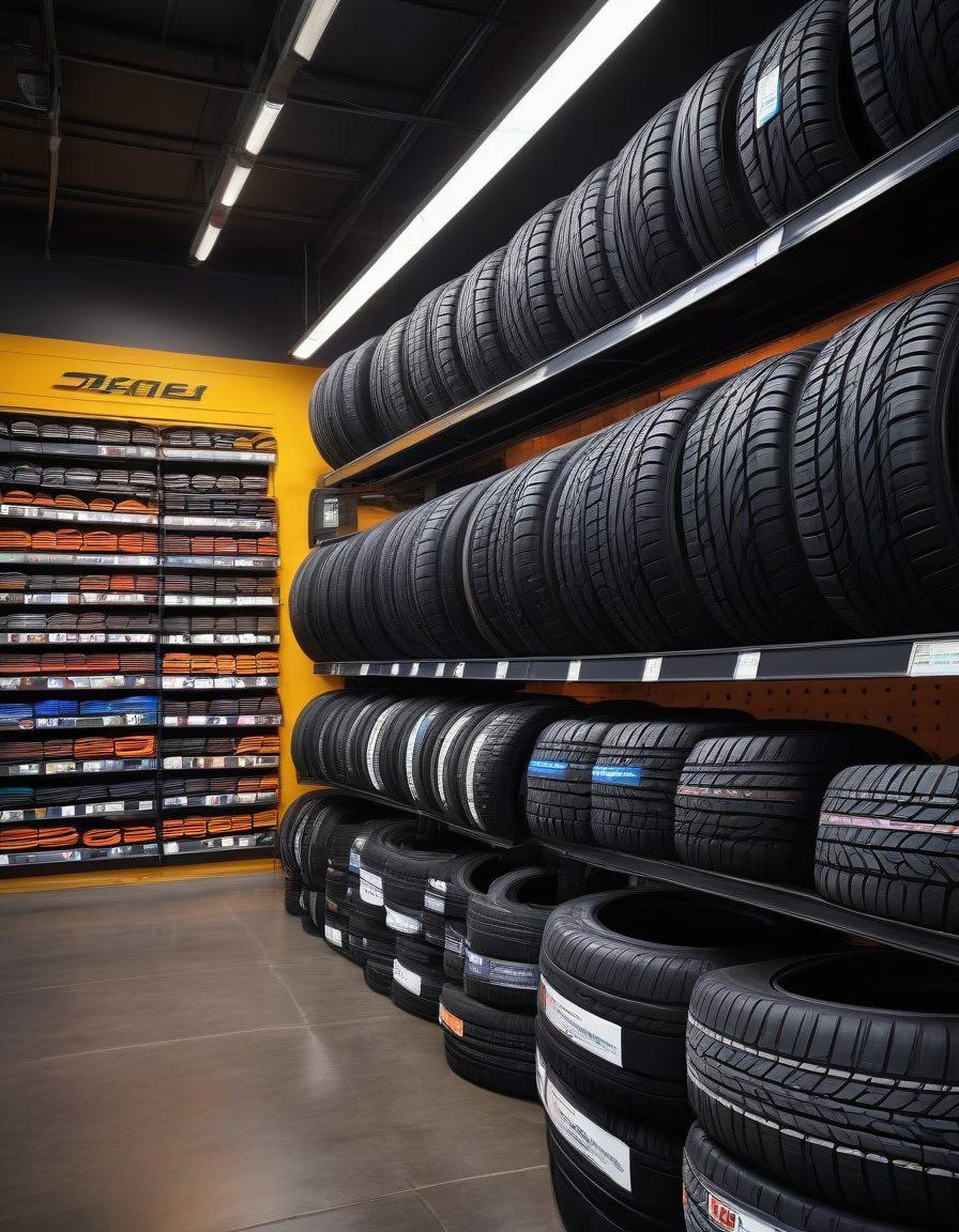 A dynamic scene of a modern tire store, showcasing a variety of tires neatly displayed on racks. Vivid comparison charts and ratings are visible in the background, with a spotlight on the top-rated tire of 2023. The environment is bustling with customers and staff engaging in discussions. Style: super-realistic. vibrant colors.