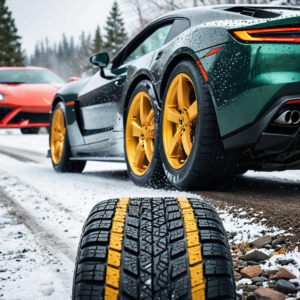 A split image showing a high-performance tire on a sleek sports car on a race track, an aggressive off-road tire tackling a rocky mountain trail, and an all-season tire smoothly navigating through a city street with seasonal elements like sun, snowflakes, leaves, and rain drops. super-realistic. vibrant colors. white background.