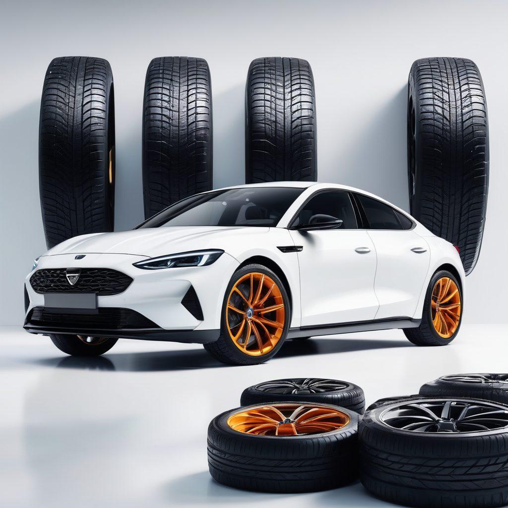 A modern car with a variety of tire options surrounding it, including all-season, winter, and performance tires. The background shows a futuristic showroom with digital screens displaying tire specifications. The car in the center is sleek and shiny, reflecting 2023 trends. super-realistic. vibrant colors. detailed. white background.